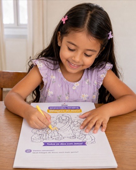 Menina pintando a página Milagres de Jesus